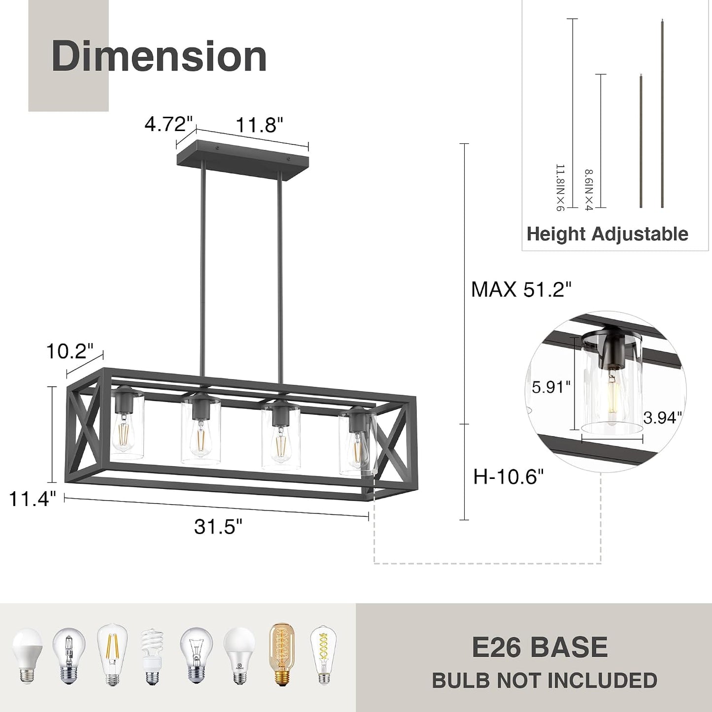 Lámpara comedor isla cocina 4 luces metal grueso ajustable