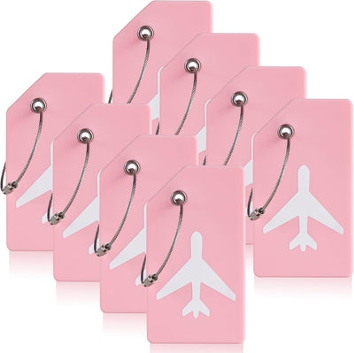8 Etiquetas Equipaje con Lazo Acero Inox 26 Letras Rosa