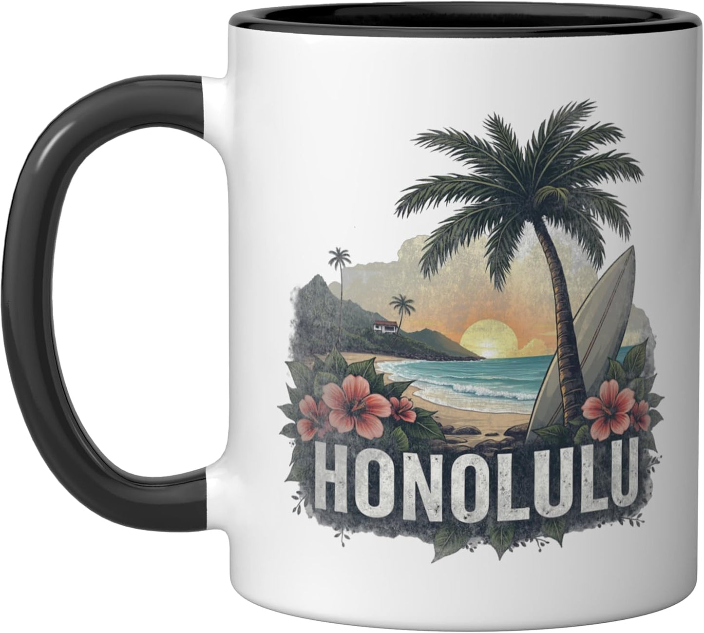 Taza cerámica retro de Honolulu, negro/blanco