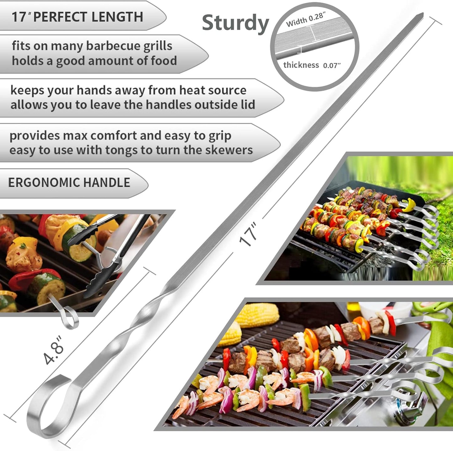 Brochetas acero inox 17pulg para kabob parrilla BBQ
