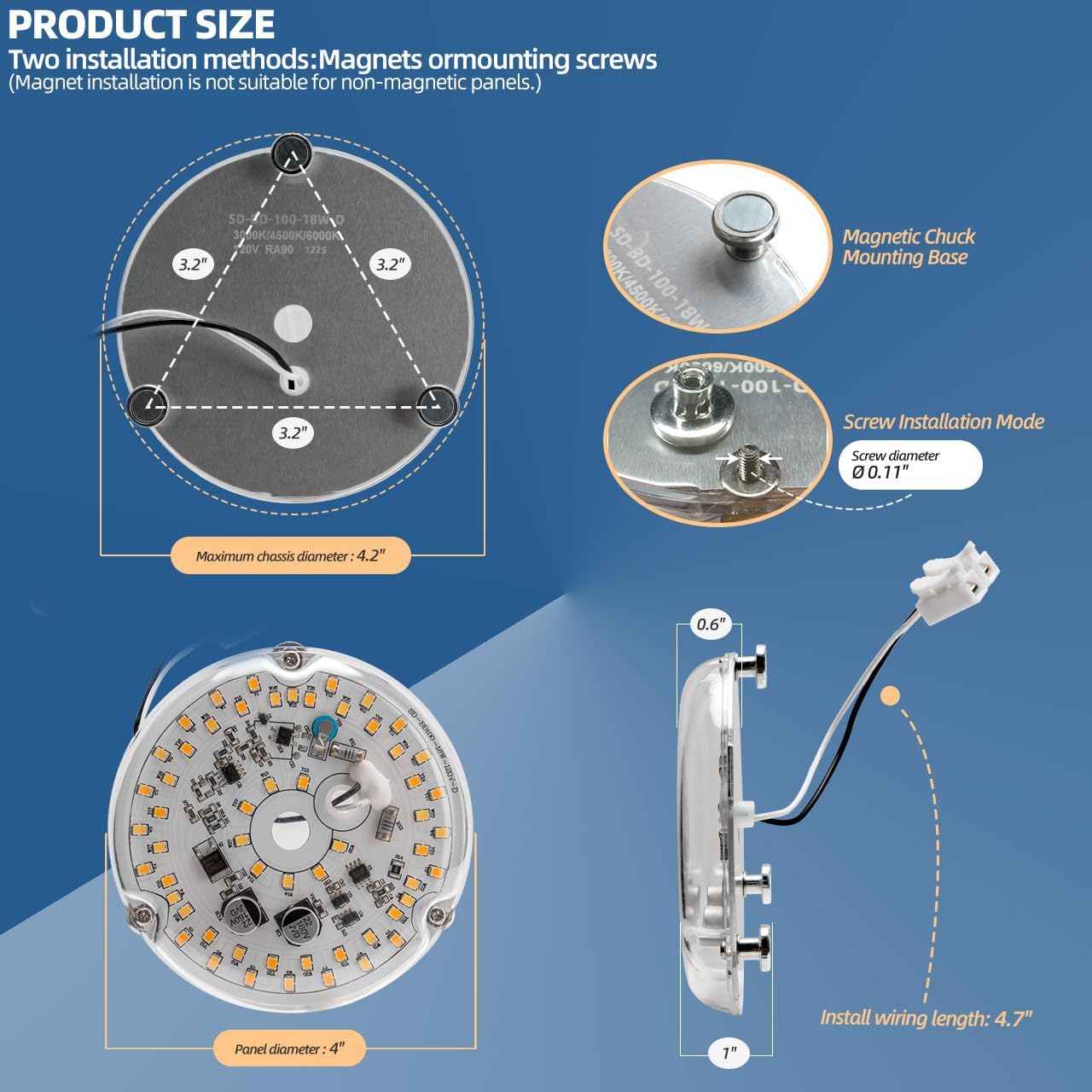 Kit luz LED redonda 4pulg 18W 3CCT 120V para ventilador