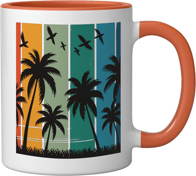 Taza cerámica retro de palma con atardecer naranja/blanca