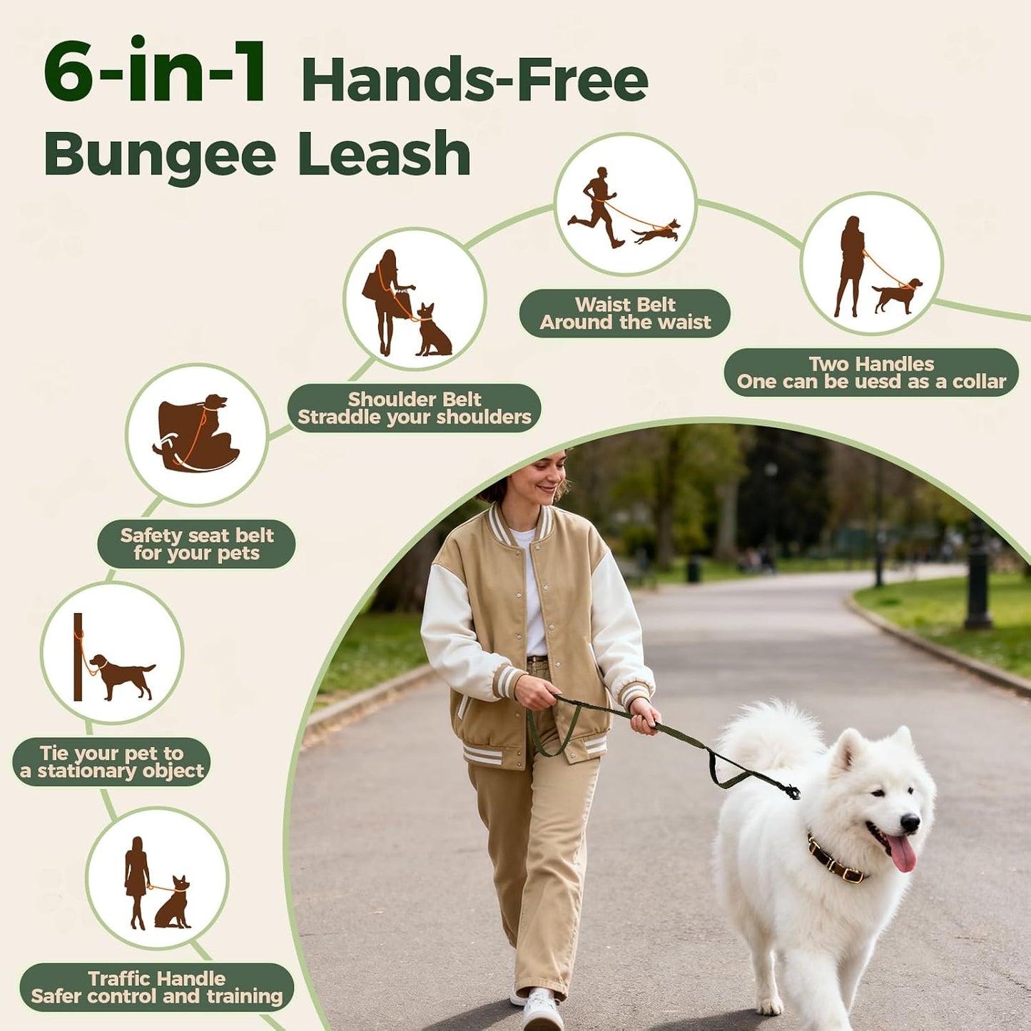 Correa táctica perro elástica 9.7ft con mango acolchado