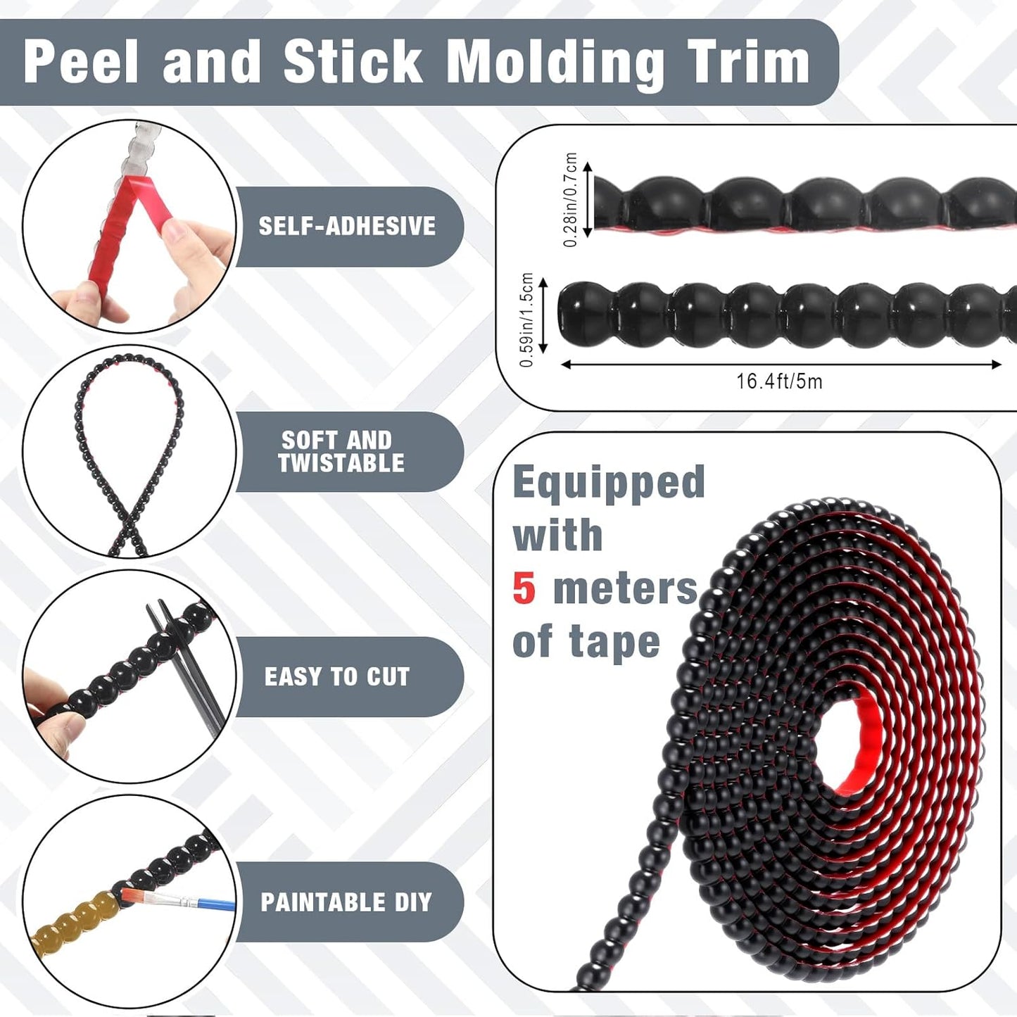 Moldura flexible autoadhesiva para paredes y marcos negra 16.4pies