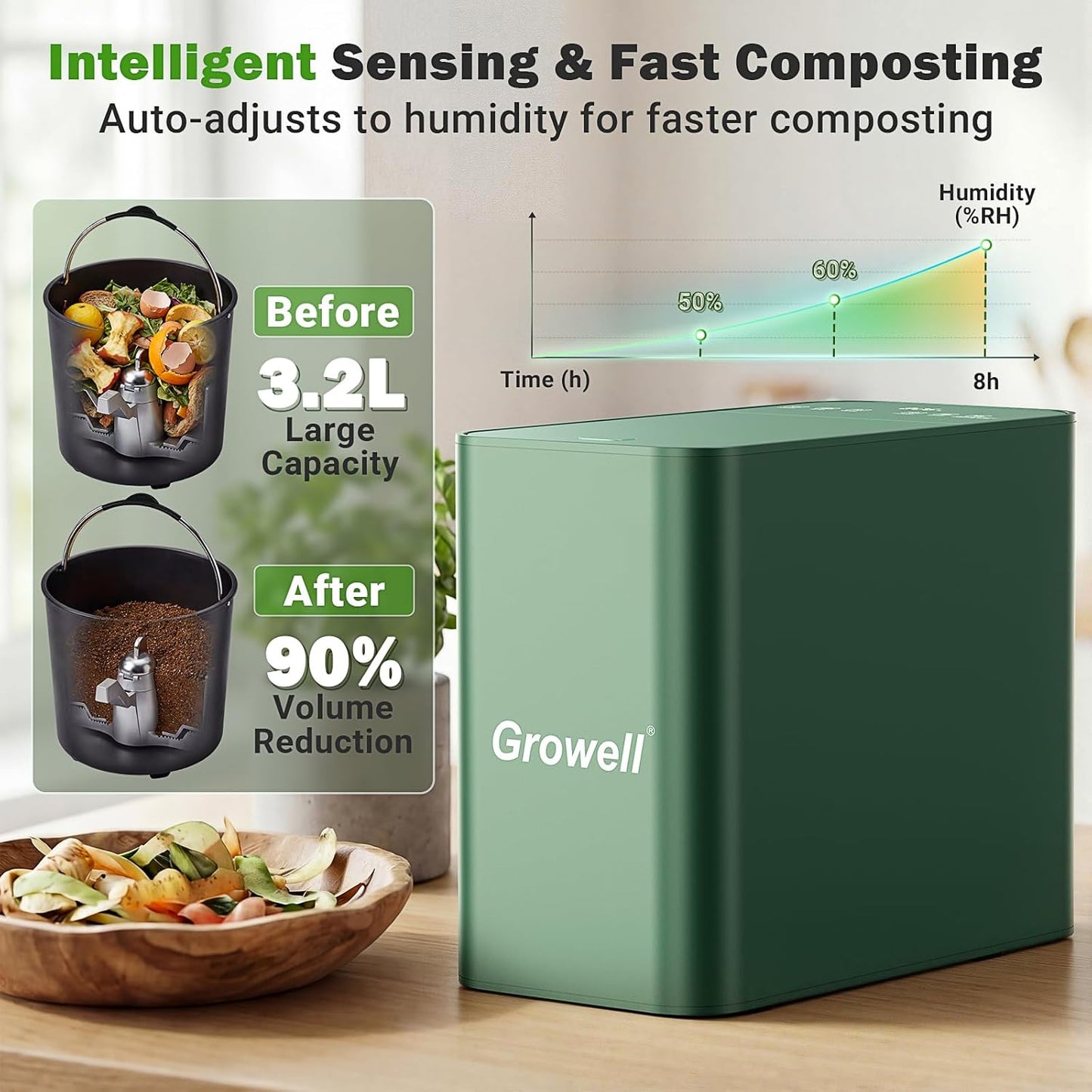 Compostador eléctrico 3.2L sin olor para cocina con pantalla