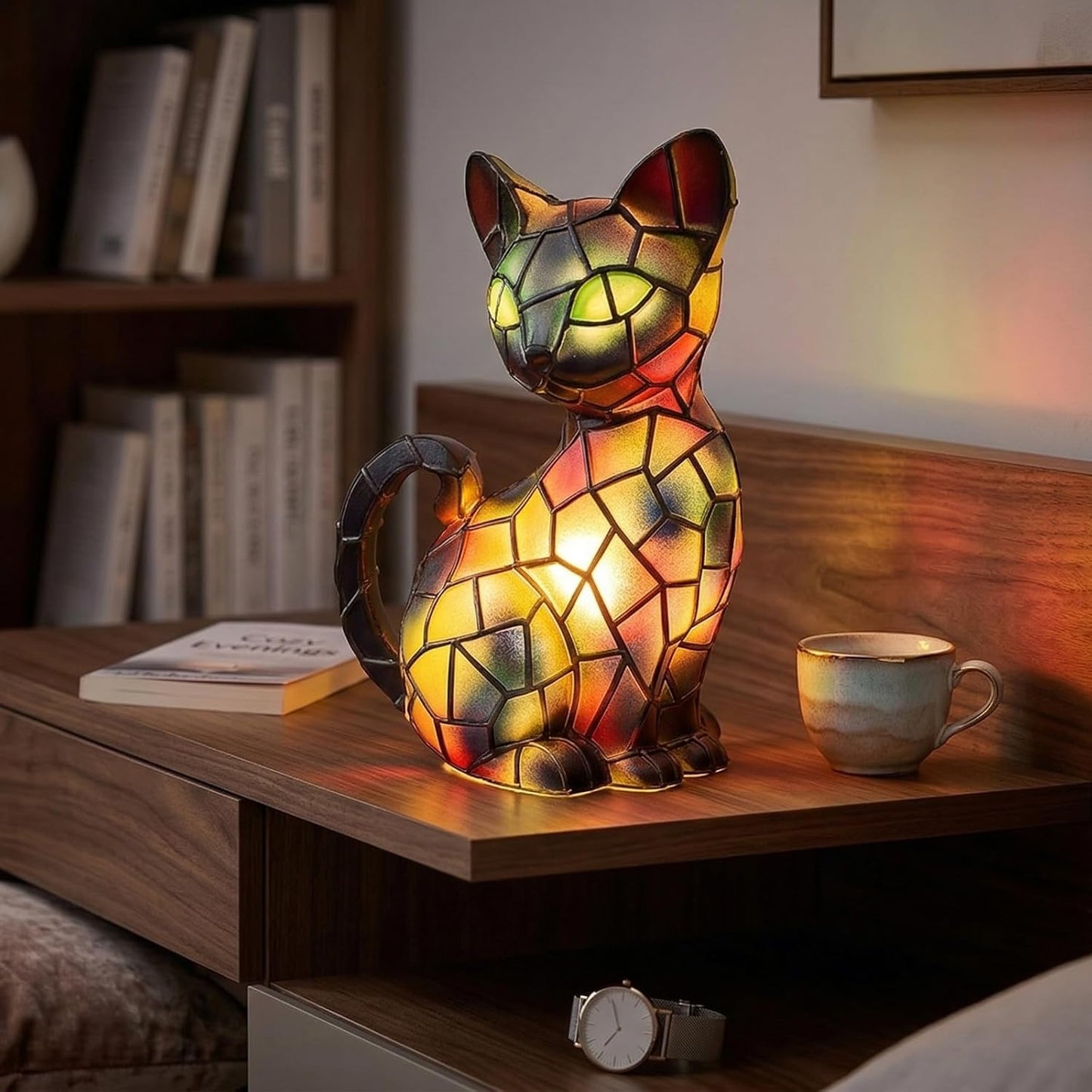 Lámpara gato vitral luz nocturna decoración hogar