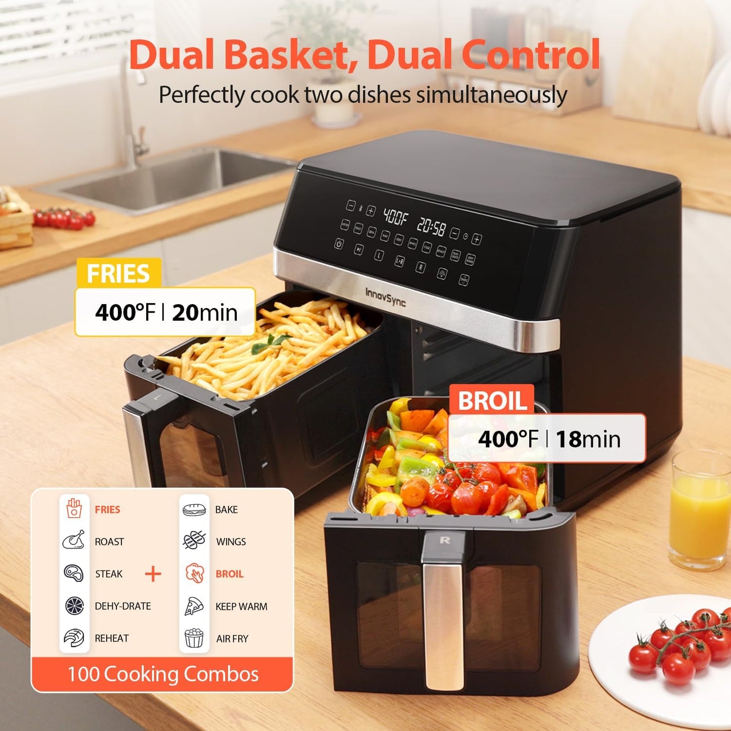 Freidora Aire Doble 12qt 10en1 Panel Táctil