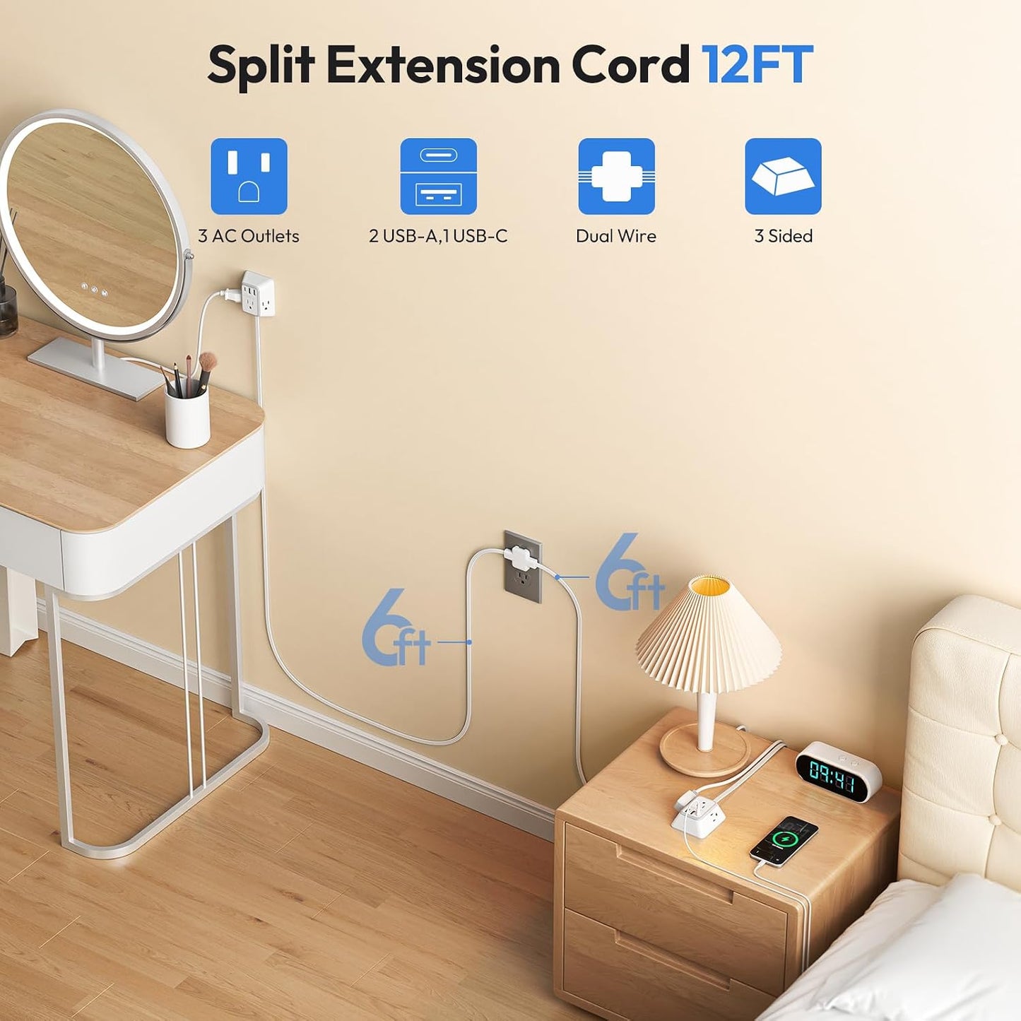 Cable extensión doble 12ft con 3 salidas CA, USB-A y USB-C