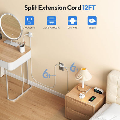 Cable extensión doble 12ft con 3 salidas CA, USB-A y USB-C
