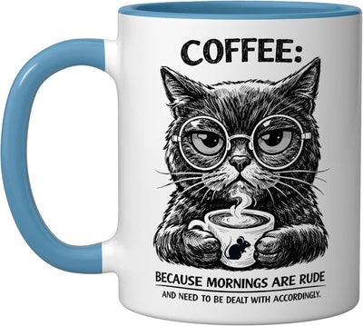 Taza de café cerámica con meme de gato sarcástico azul/blanco