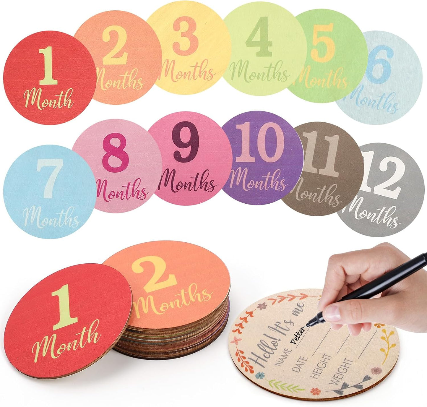 Tarjetas madera hitos mensuales bebé paquete 13