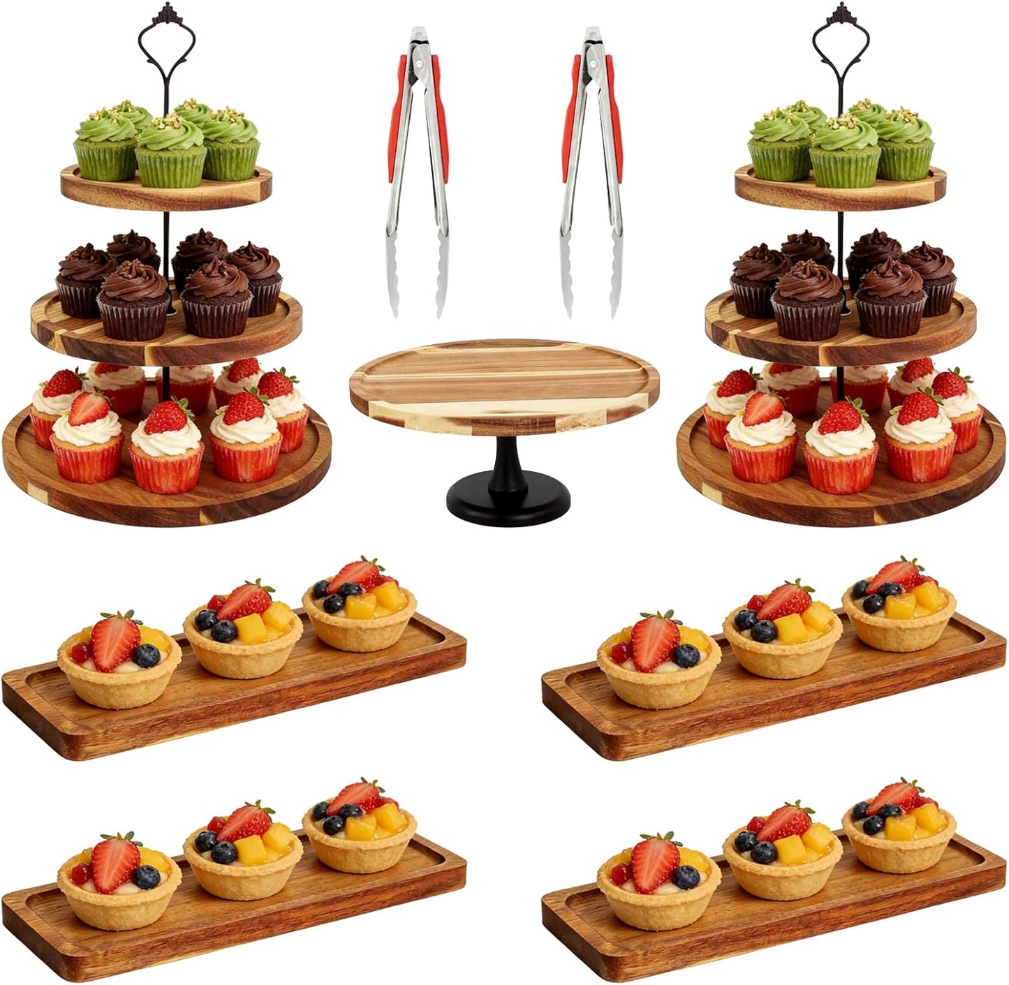 Set 7 Pzas Mesa Postre Madera Soporte Cupcakes 3 Niveles