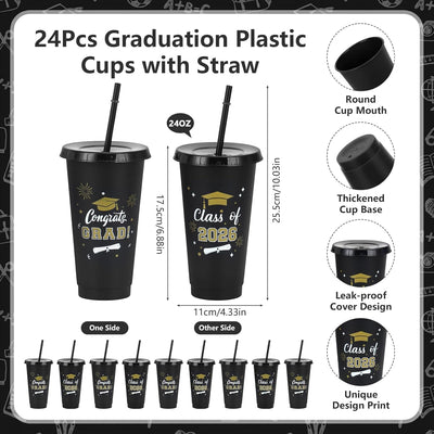 Set 24 Regalos Graduación Vasos Plástico 24oz Pajitas Cuadernos