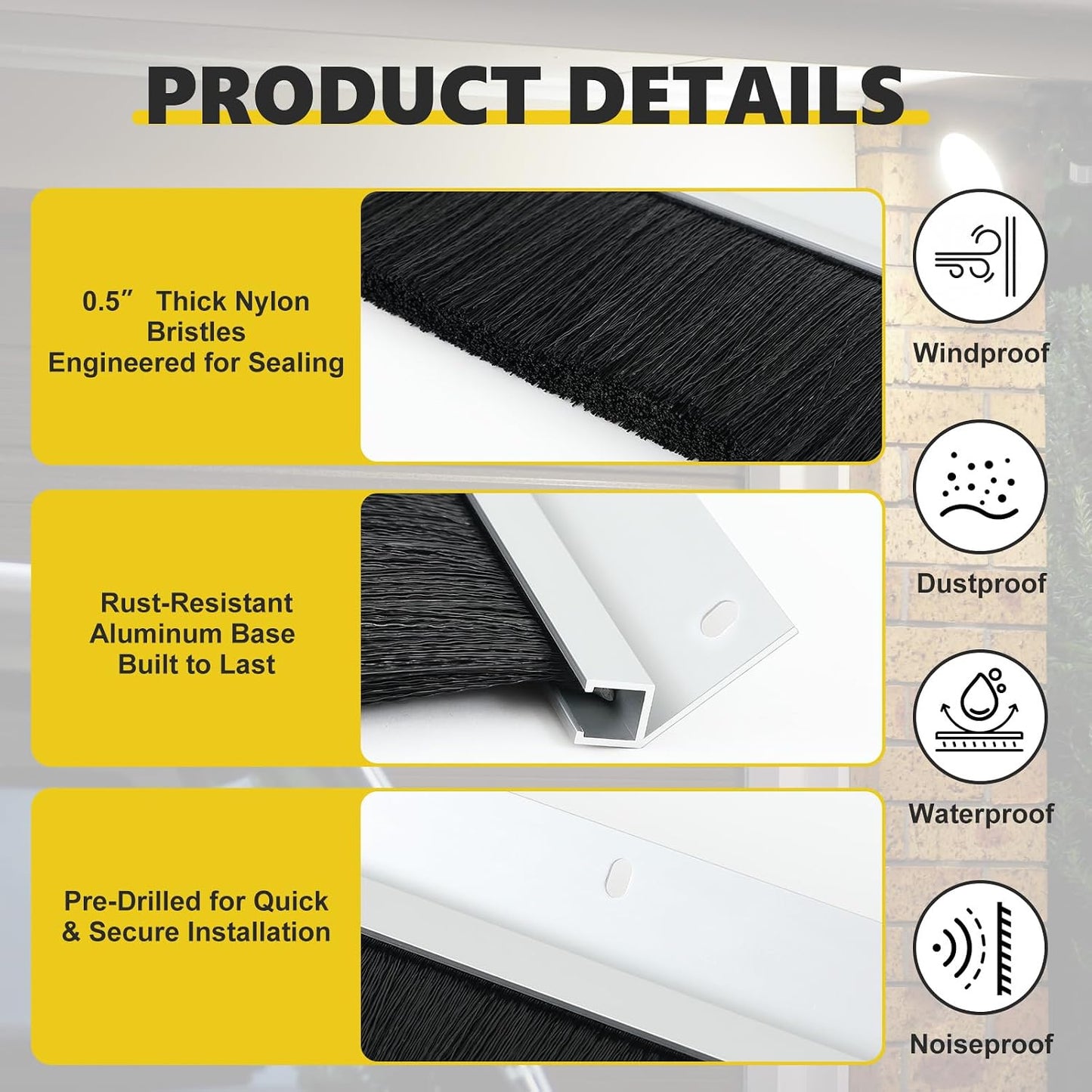 Sello cepillo garaje 3pulg 20ft resistente con riel aluminio