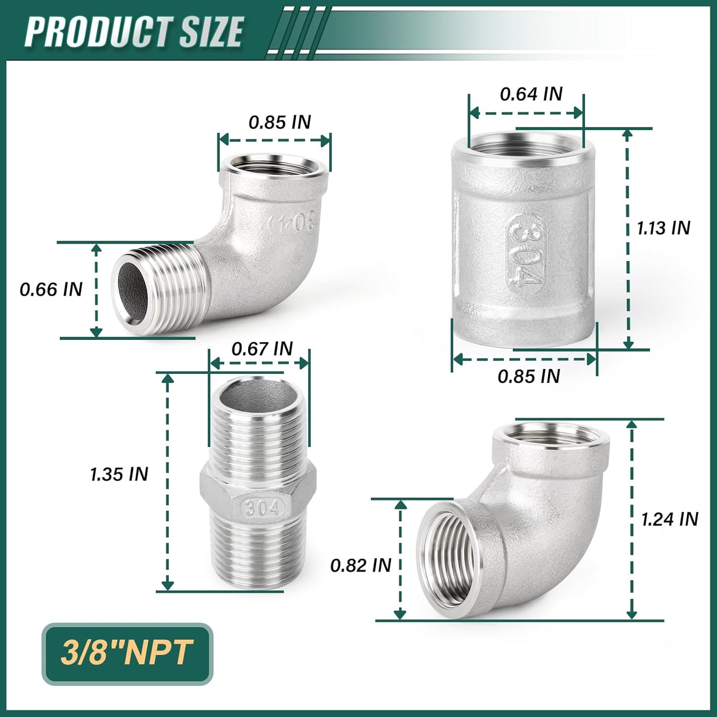 Kit 8 Pzas Codo 90 Grados Acero Inox 304 3/8pulg