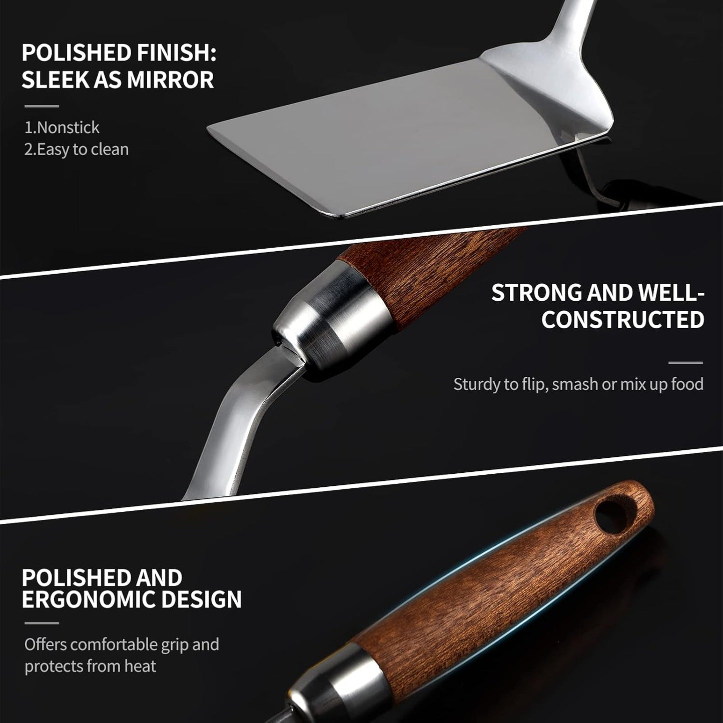 Espátula acero inox mango madera volteador panqueques antiadherente