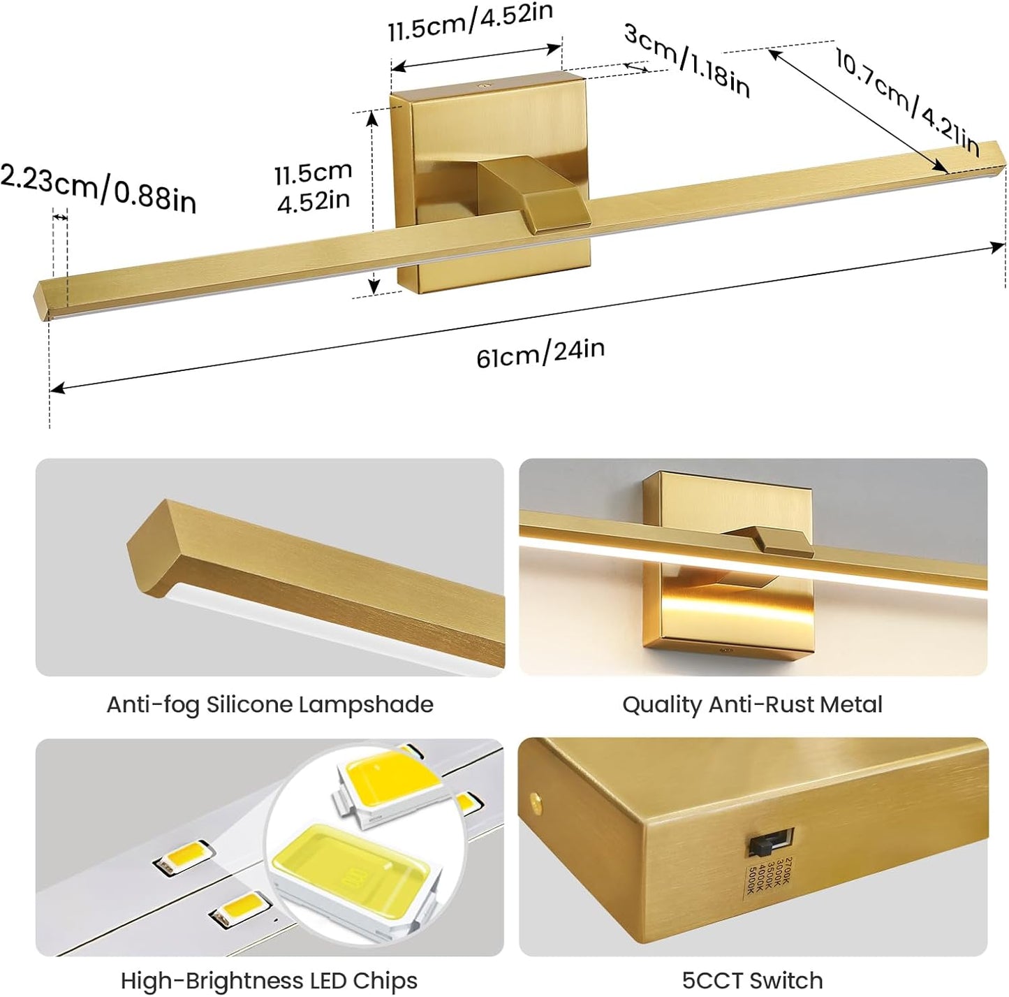 Lámpara LED dorada de tocador baño 24pulg regulable 5CCT