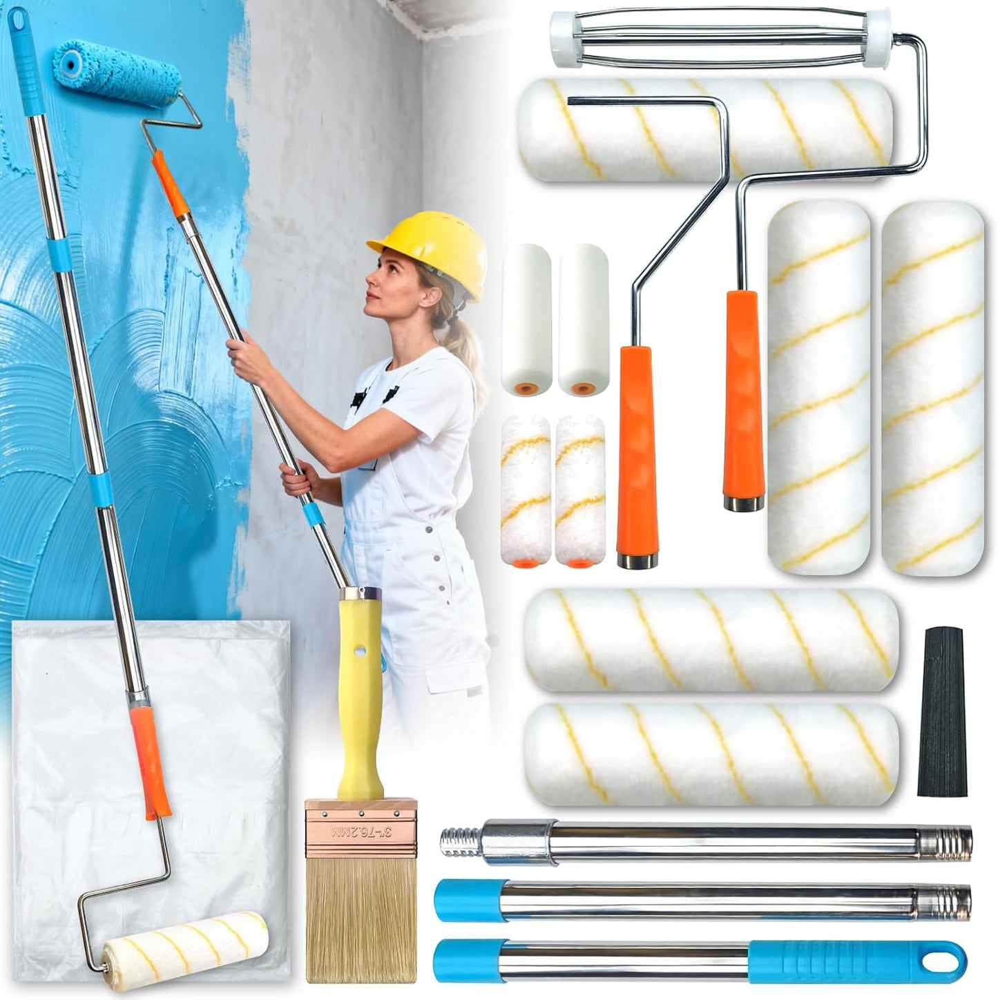 Kit 16 Rodillos Pintura 9 y 4pulg Poste 3pies Brocha Paño Gota
