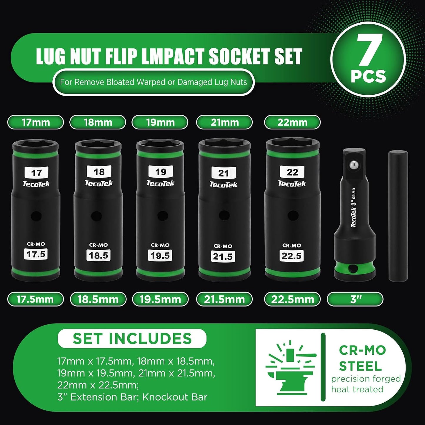 Set 7 llaves tuercas oreja 1/2pulg impacto 3pulg barra