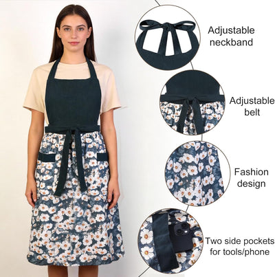 Delantal floral para mujer de algodón con bolsillos y correa ajustable