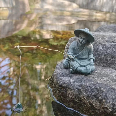 Mini estatua pescador arenisca decoración japonesa vintage