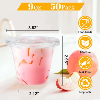 Paquete de 50 vasos plásticos 9 oz con tapas planas, tazas transparentes sin agujero para postres y bebidas frías
