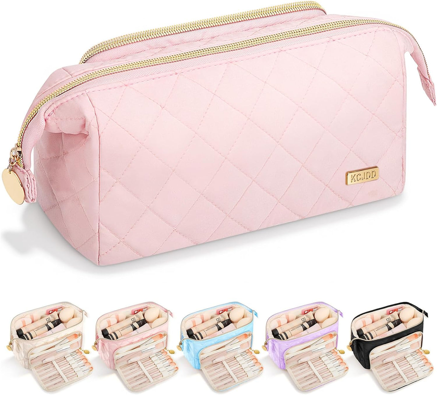 Bolsa maquillaje acolchada apertura amplia rosa claro