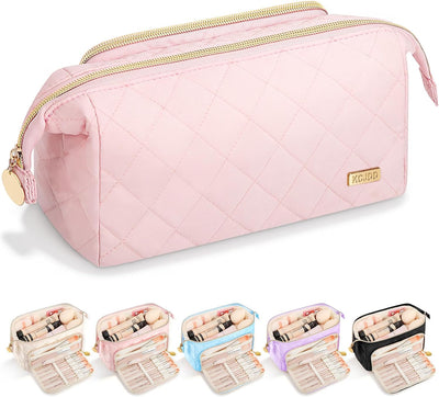 Bolsa maquillaje acolchada apertura amplia rosa claro