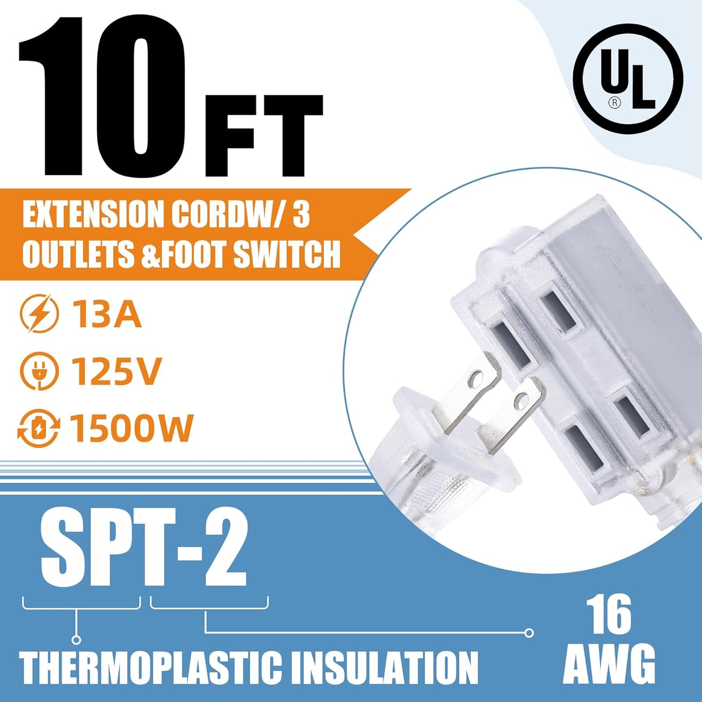 Cable extensión transparente con interruptor 3 tomas 10pies 13A