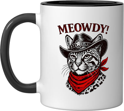 Taza cerámica Meowdy gato vaquero estilo country western negro/blanco