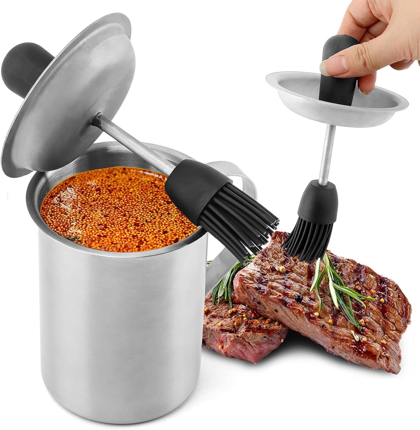 Juego olla y cepillo para untar de acero inoxidable 16.91 oz con mango de silicona