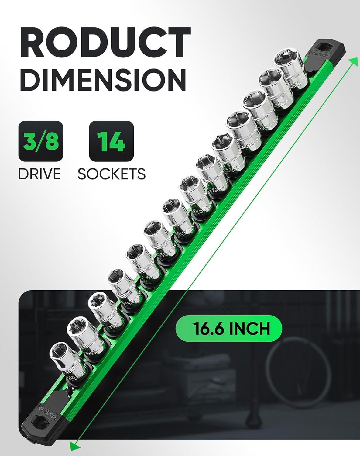 Organizador magnético enchufes 3/8pulg aluminio 14 clips verde