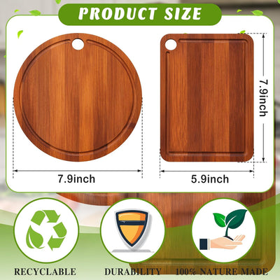 Juego de 2 tablas de cortar pequeñas de madera cuadradas y redondas con ranura para frutas, verduras, queso y embutidos