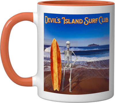 Taza cerámica Funny Surfing Skeleton Devil's Island Surf Club naranja/blanca