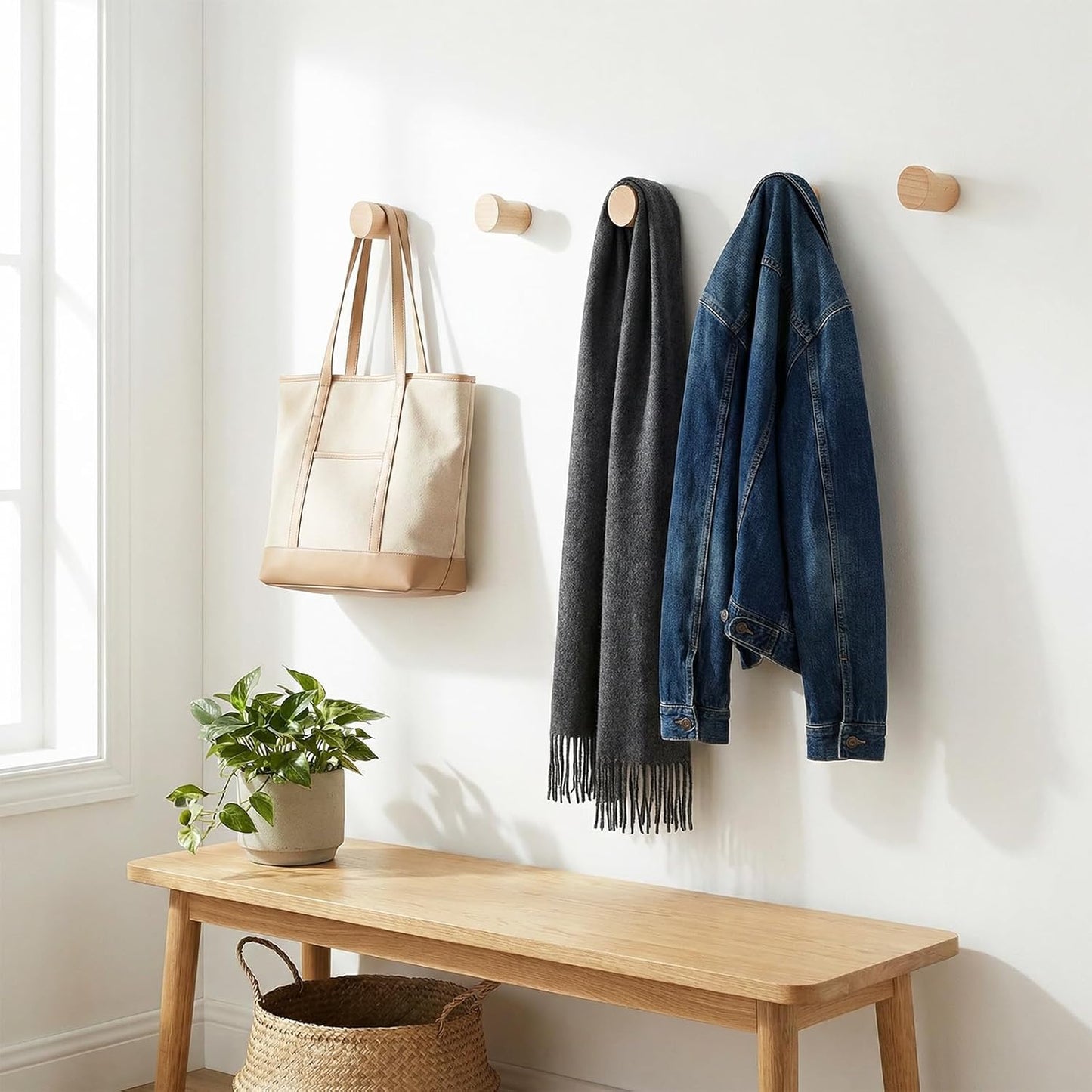 4 Ganchos Madera Natural Rústica para Entrada y Baño