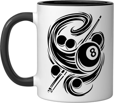 Taza de cerámica para jugador de billar con pool balls y cue en negro y blanco