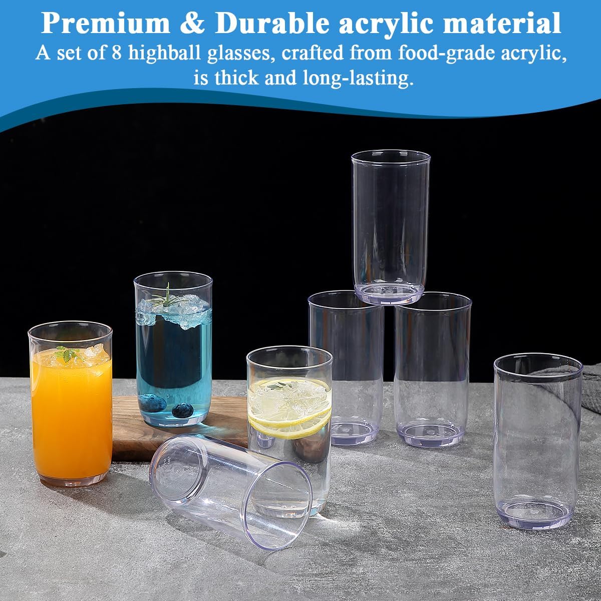 Juego de 8 vasos Collins de plástico PET transparente de 14 oz