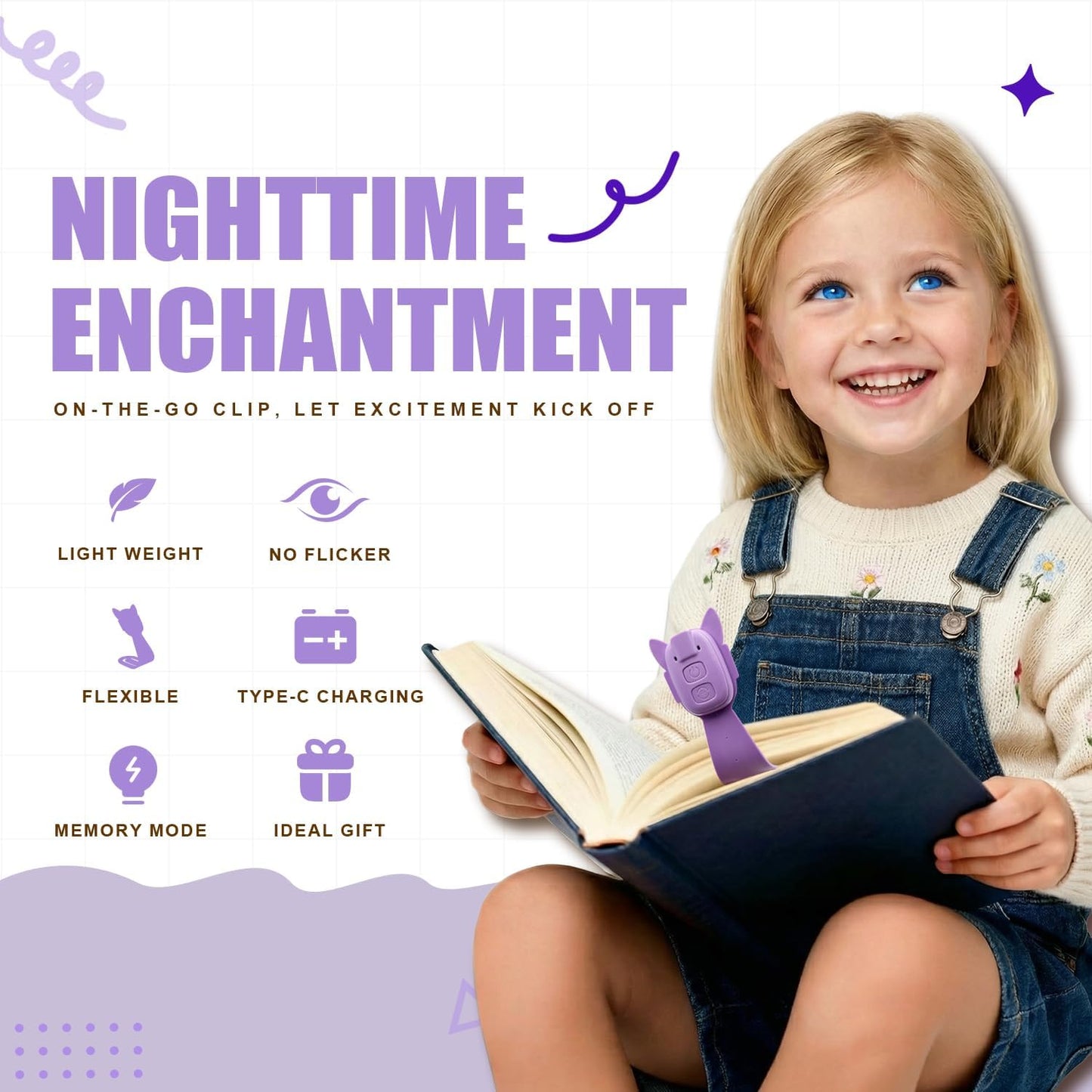 Luz LED portátil para niños leer en cama morado