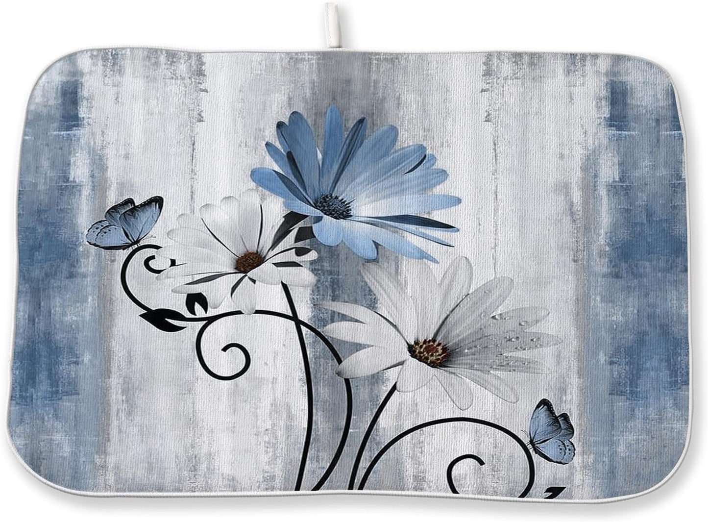 Tapete de secado de platos floral rústico azul vintage 18 x 24 pulgadas