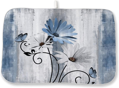 Tapete de secado de platos floral rústico azul vintage 18 x 24 pulgadas