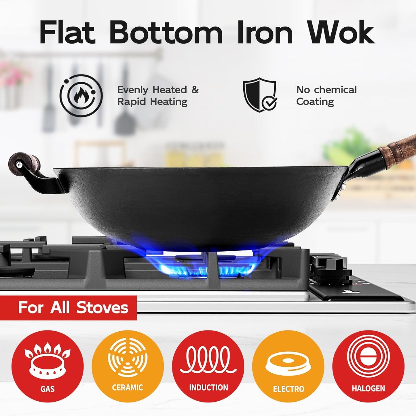 Wok hierro 12.6pulg con tapa y espátula de madera