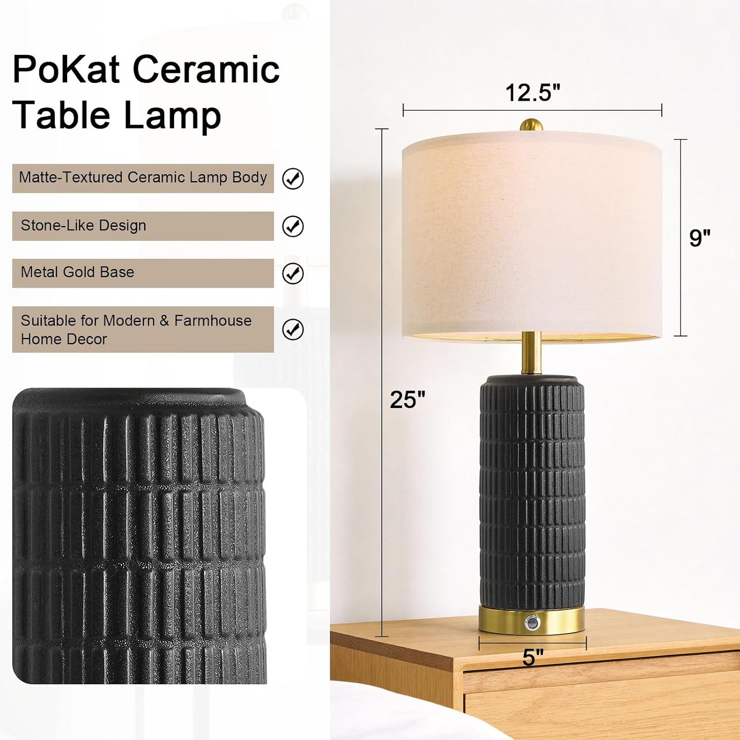 2 Lámparas Mesa Cerámica 25pulg USB Textura Mate Negra
