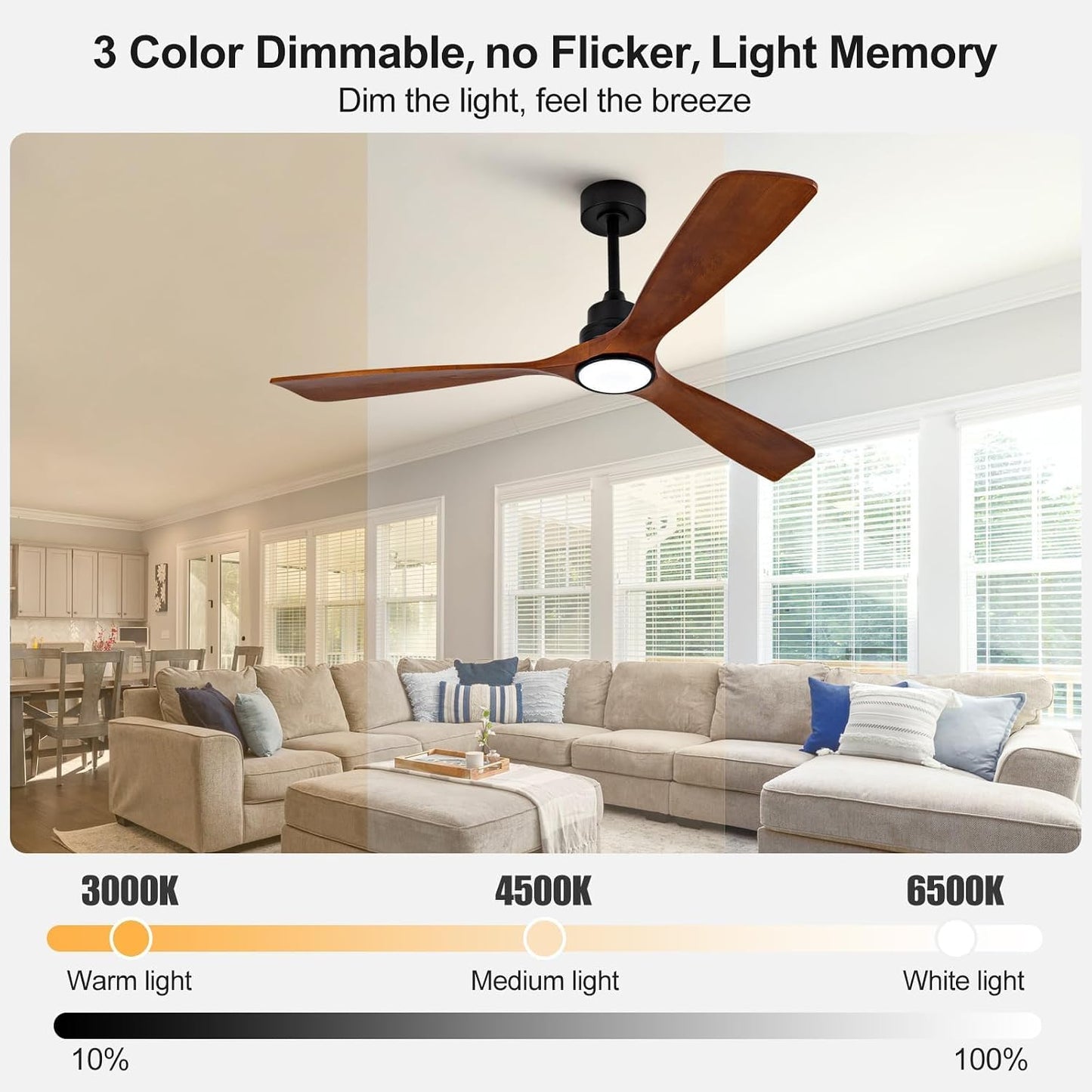 Ventilador techo 60pulg madera 3 aspas luz LED control remoto