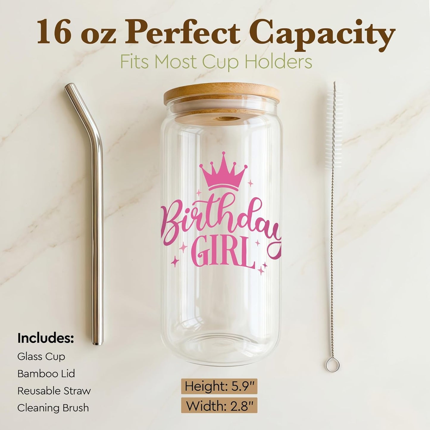 Copa de cumpleaños con corona rosa para mujer 16 oz vaso de vidrio con tapa y popote reutilizable