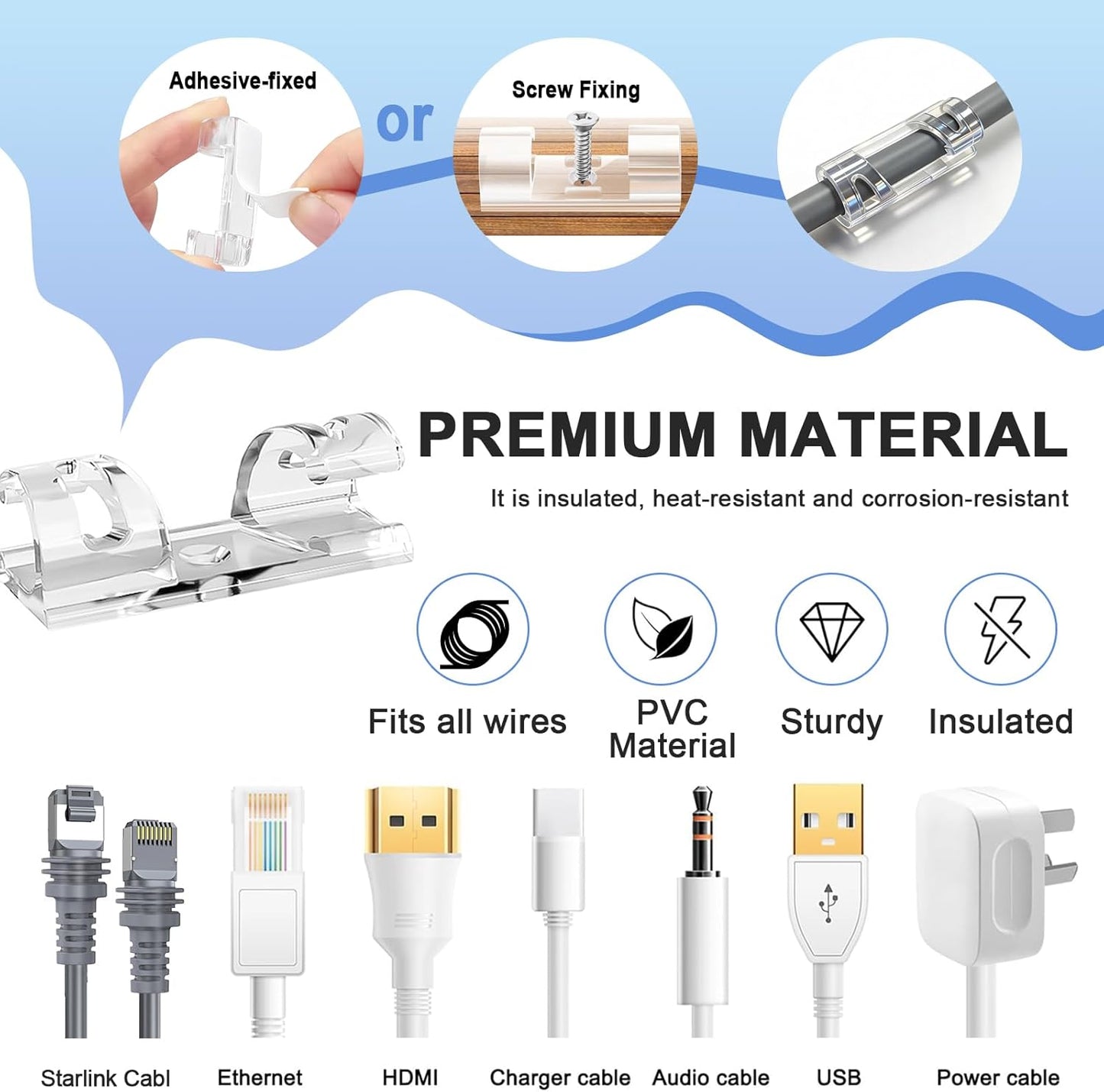 Clips adhesivos cables transparentes 40 pzas con agujeros soportes