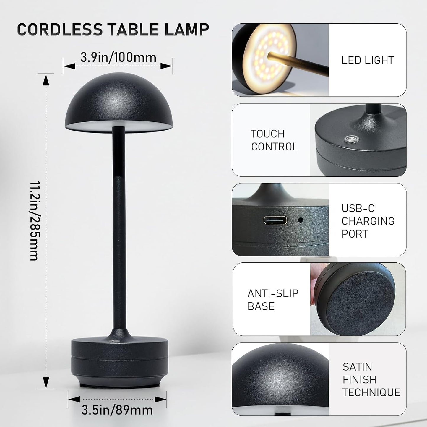Lámpara mesa inalámbrica LED recargable tactil negro