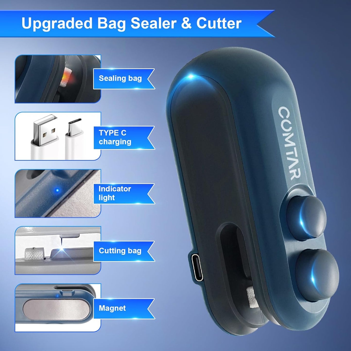 Sellador bolsas USB C 2en1 con imán portátil negro