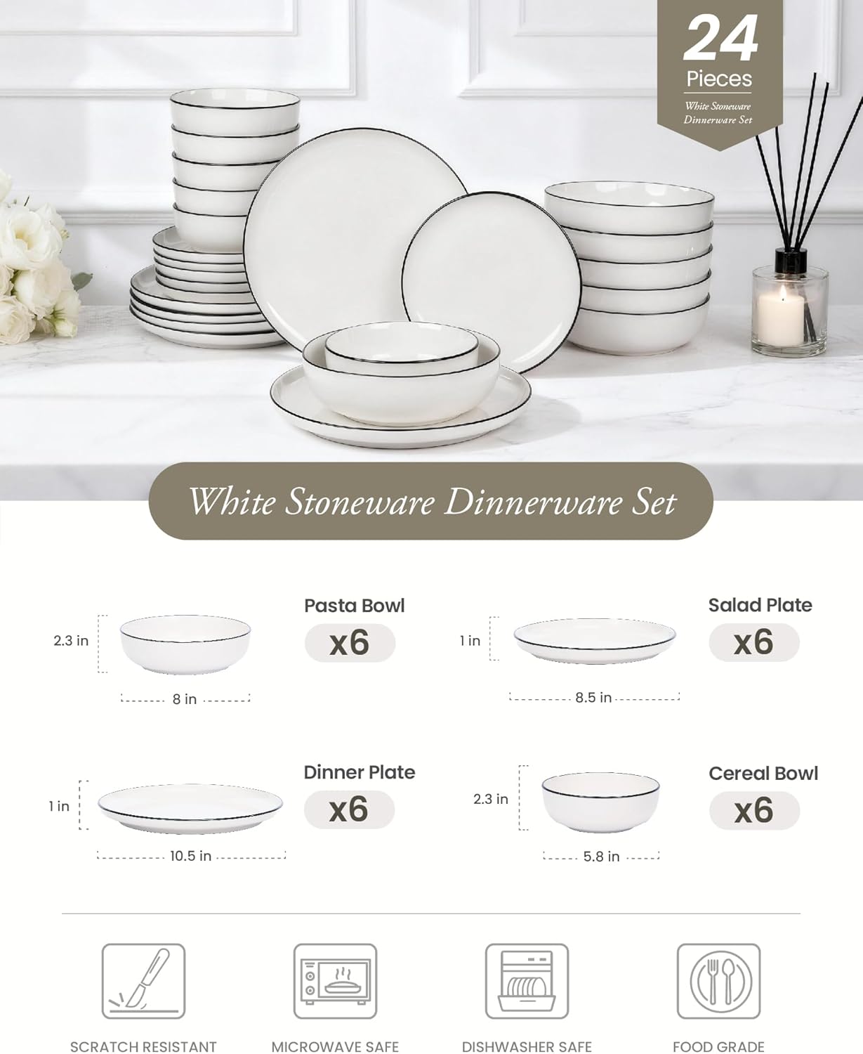 Set 24 Pzas Porcelana Plato Taza Mesa Comedor Negro Bordes
