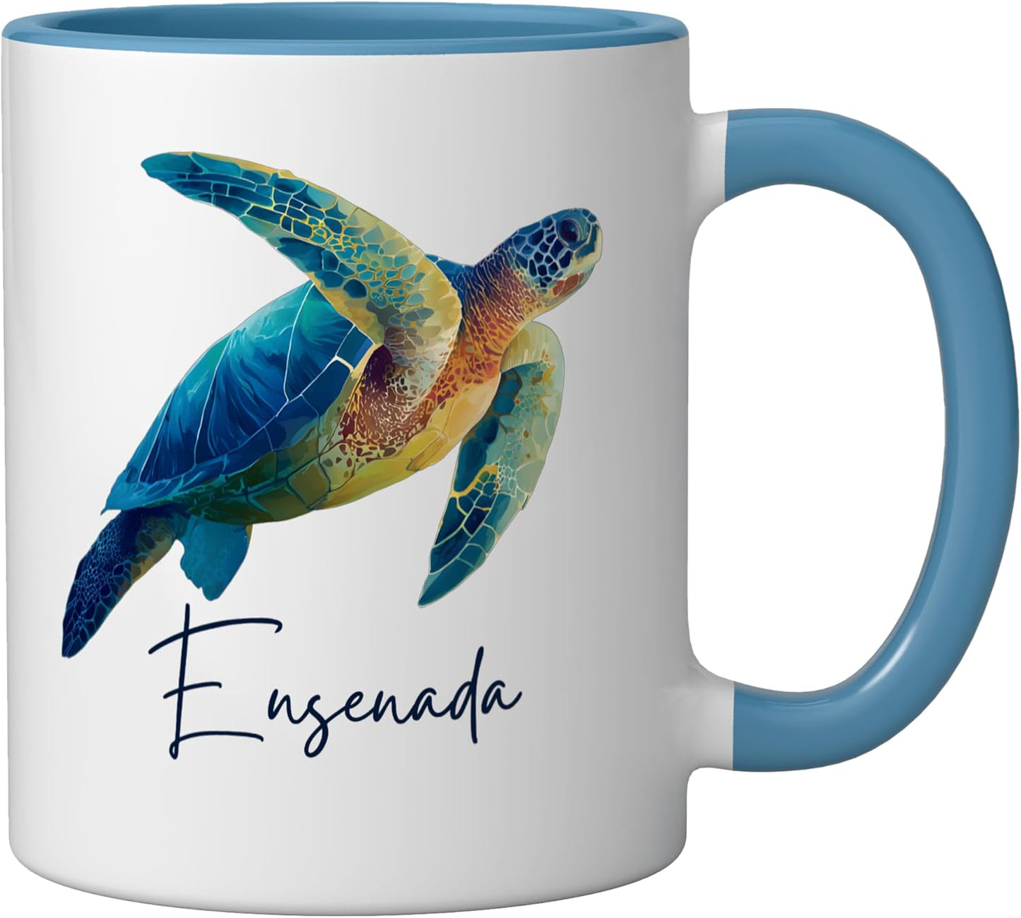 Taza cerámica Ensenada México souvenir azul/blanco