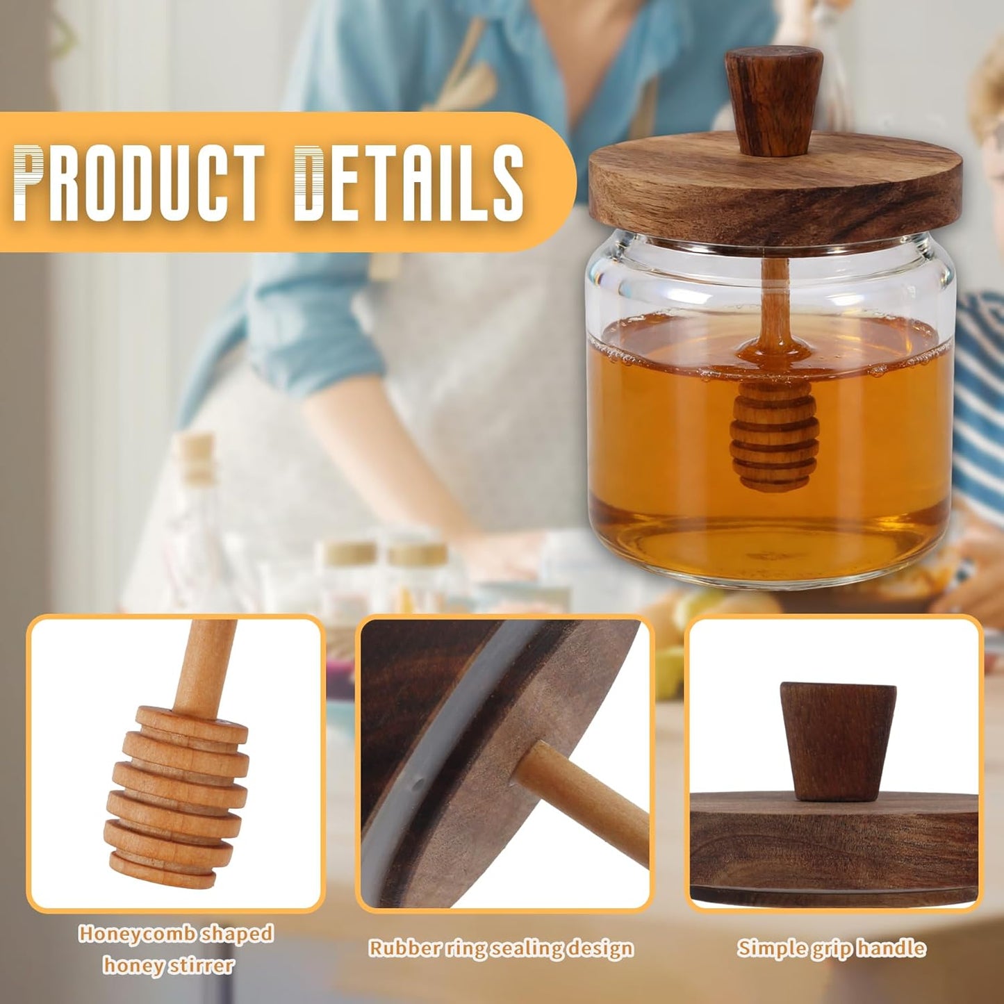 Tarro vidrio con varilla y tapa madera 17oz cocina